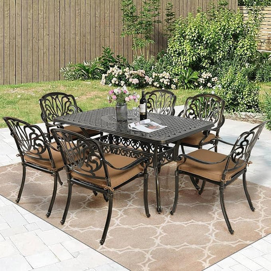 MEETWARM 7-Piece Outdoor Patio Dining Set, All-Weather Cast Aluminum Patio Conversation Set for Backyard Garden Deck with 6 Cushioned Chairs, 1 Rectangular Table, 2" Umbrella Hole, Dark Bronze