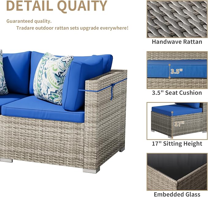 Tradare 9 Piece Patio Furniture Set, Outdoor Wicker Patio Sofa Set, PE Rattan Sectional Couch with Glass Table and Blue Cushions, All-Weather 9 Piece Outdoor Patio Furniture Sets, Grey