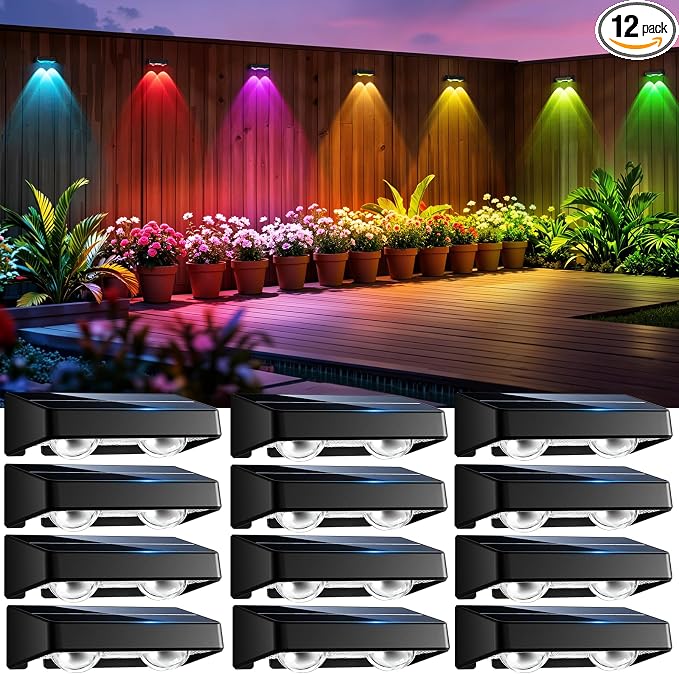 Solar Fence Lights Outdoor, 12 Pack Color Changing Fence Lights Solar Powered with 9 RGB Colors & 11 Lighting Modes, IP65 Waterproof Dusk to Dawn Fence Lights for Patio, Deck, Wall, Backyard