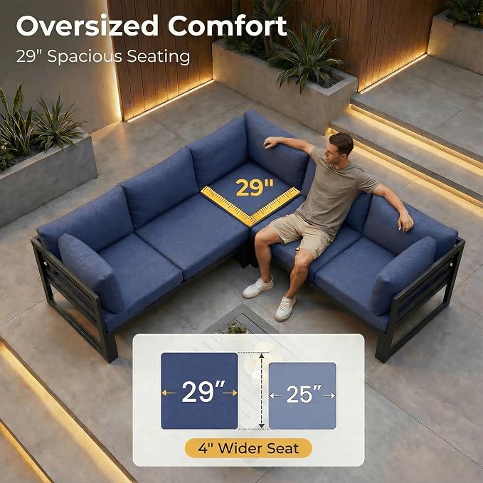NICESOUL 7 Piece Large Modern Aluminum Outdoor Sofa with Fire Pit Table, 29" Deep Wide Seat, 500 lbs Durable Sectional Set for Heavy People, Water Resistant Patio Furniture Set for Garden, Navy Blue