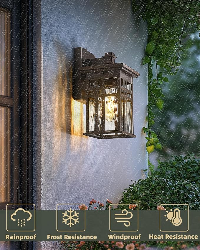 Dusk to Dawn Outdoor Lighting, HWH Outdoor Wall Lights Exterior Wall Lantern Light Waterproof, Oil-Rubbed-Bronze Finish with Water Ripple Glass, 5HD27B-PC ORB-WP