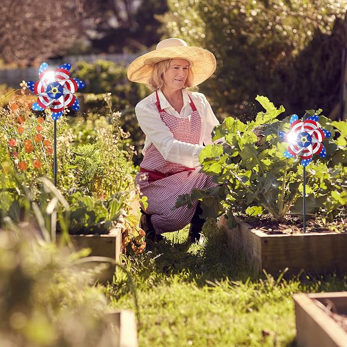 BATTIFE Preassembled Reflective Pinwheels for Yard, American Flag, 10 Pack | Sparkly Reflective Material Spinner, Spins Best in Steady Wind, Animal-Deterrent Results Vary by Placement and Conditions
