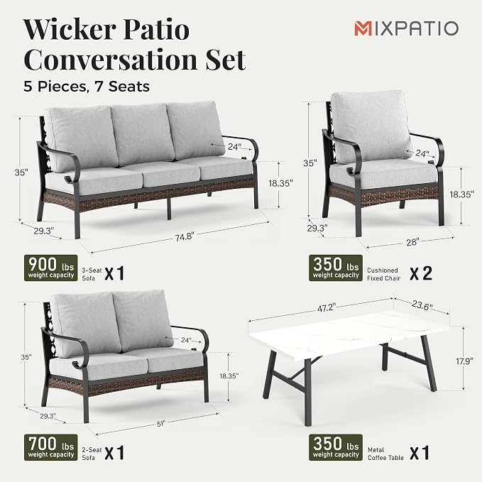 MIXPATIO Patio Furniture Set with Coffee Table, Outdoor Conversation Set with 2 x Fixed Chairs, 1 x 2-Seat Sofa, 1 x 3-Seat Sofa for Lawn Garden Backyard, Light Grey