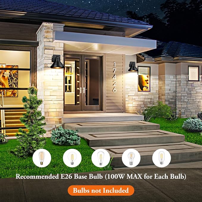 Motion Sensor Outdoor Wall Lights, Dusk to Dawn Porch Lights Outdoor Wall Sconces, Exterior Barn Lighting Fixtures with Outlet, Black Outside Lights for House, 2-Pack
