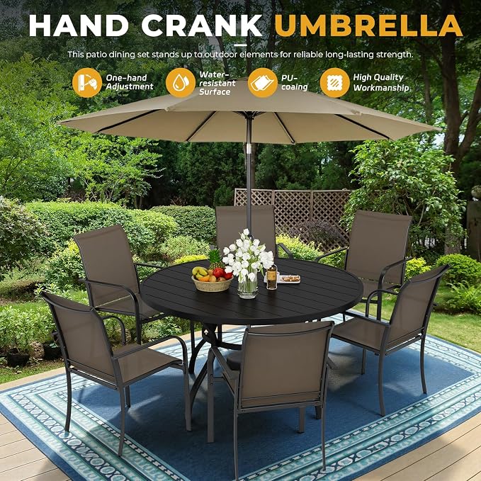 7-Piece Patio Dining Set with Umbrella,6 Person Outdoor Table and Chairs Set, 6 Metal Dining Chairs and Round Outdoor Table with 1.57" Umbrella Hole,Khaki