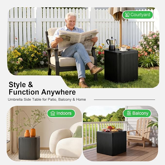 Outdoor Umbrella Side Table, 2 in 1 Outdoor Side Table with 1.5-1.6" Umbrella Hole, 16 Gallon Fillable Umbrella Base Stand Table, Square Modern Patio Side Table for Yard Porch Poolside Deck Balcony