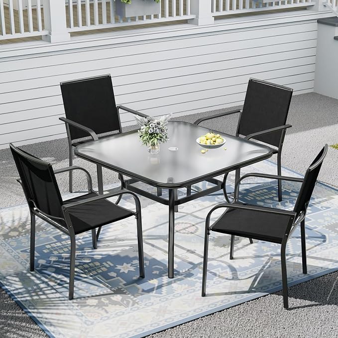 Outdoor Patio Set, 37" Square Glass Dining Table and 4pcs Stackable Chairs, All-Weather Patio Furniture Set with 1.7" Umbrella Hole for Garden Backyard Lawn Poolside