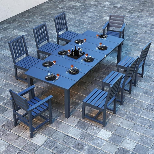 Kingdura 9 Piece Patio Dining Set for 8, HDPE Outdoor Table & Chairs with Umbrella Hole, All-Weather Outdoor Furniture Patio Conversation Set for Lawn Pool Backyard, Navy Blue