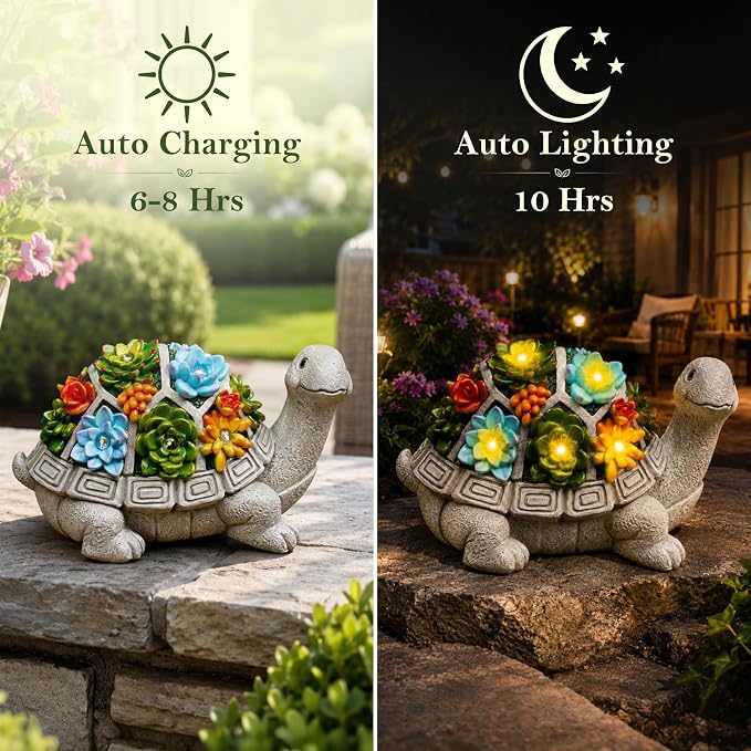 Nacome Solar Garden Outdoor Statues Turtle with Succulent | 7 LED Lights, Lawn Decor Statue for Patio, Balcony, Yard Ornament, Gifts for Mom Grandma Women