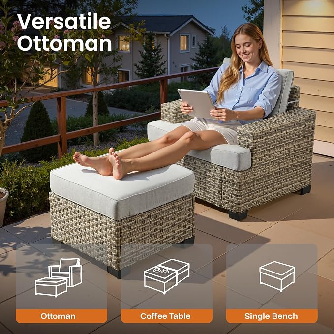 ovios 10 Piece Patio Sectional Furniture with 42in Fire Pit Table, Rattan Wicker Coversation Setwith Single Chairs, Outdoor Sofa Set for Outside Porch Balcony Backyard Pool, Light Grey