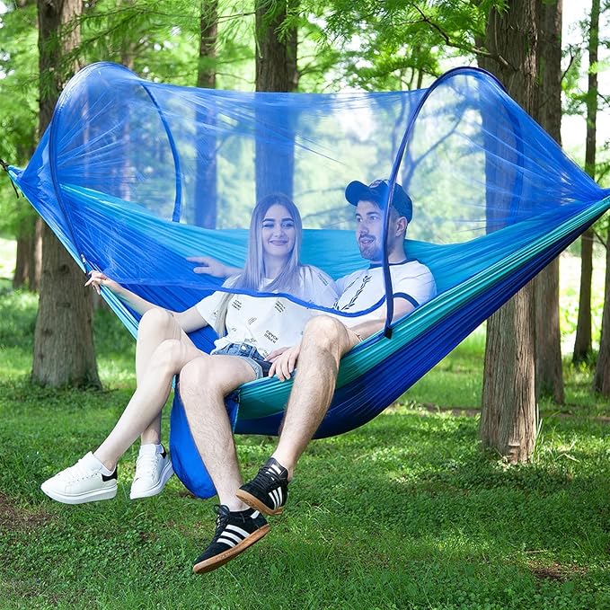Outdoor Automatic Hammock with Mosquito Net Nylon Portable Lightweight Double Hammock for Camping with 2m Tree Straps Blue 9.5'x4.5'