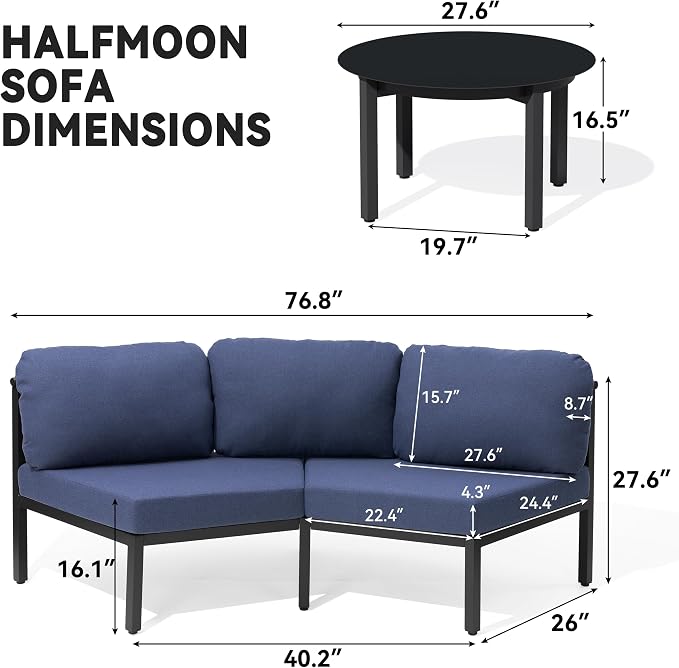 Crestlive Curved Patio Furniture Set, Modular Half Moon 4-Seater Sofa with Round Coffee Table, Aluminum Outdoor Sectional with 4.3" Cushions, All-Weather Couch for Backyard, Deck, Porch, Poolside