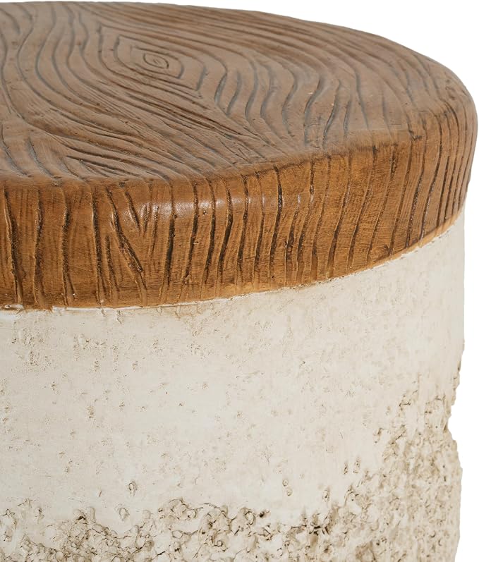 Verna Outdoor Patio Round MGO Side Table, Dual-Texture Accent End Table with Faux Wood Grain Top, Beige Organic Modern Stand for Balcony Garden Poolside Living Room Bedroom
