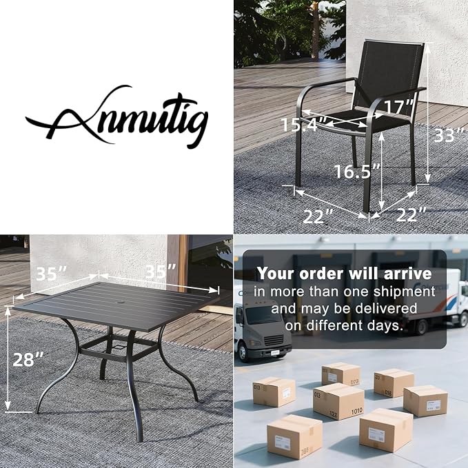 5 Piece Outdoor Black Stackable Chair and 35" Square Table Patio Dining Set | 4 Piece Stackable Chairs, Textilene Seat&Back, Metal Table, Slat Table Top, 4 Person Use, 1.57" Umbrella Hole, All Weather