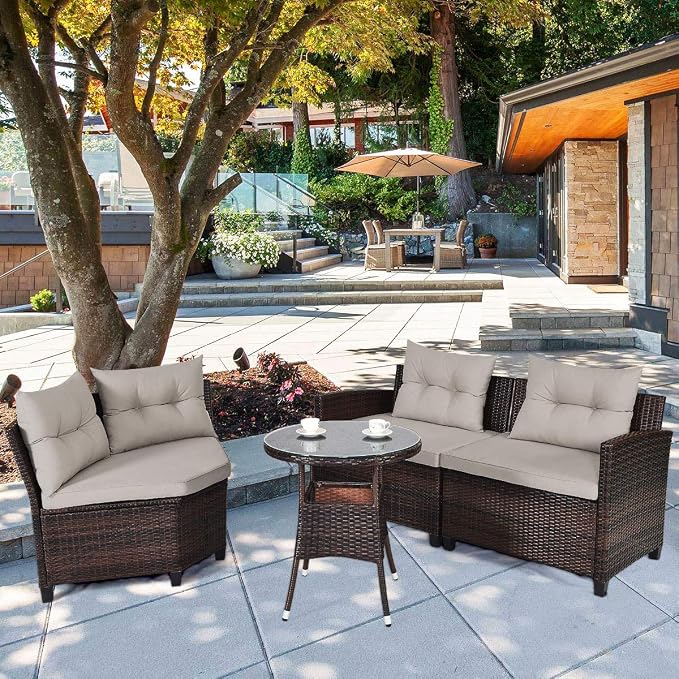 COSTWAY 4-Piece Patio Furniture Set, Wicker Rattan Sofa with Cushions and Coffee Table, Outdoor Sectional Conversation Sofa Set for Poolside Backyard Lawn Backyard (Grey)