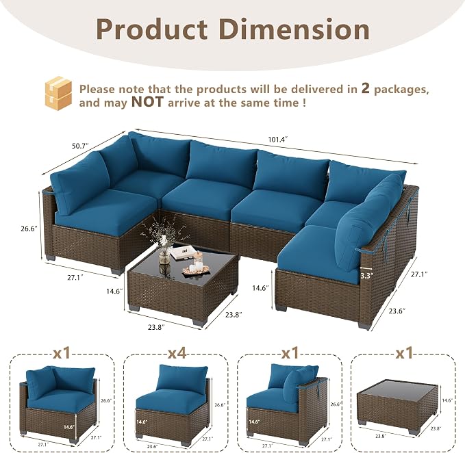 LOUVIXA 7 Piece Outdoor Patio Furniture Set, Outdoor Sectional Sofa, Wicker Rattan Patio Furniture, Patio Conversation Set with Coffee Table & Cushions