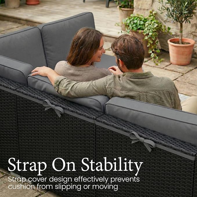 LayinSun 8 Piece Patio Furniture Set with 44" Propane Gas Fire Pit Table, Outdoor Sectional Conversation Set Wicker Rattan Sofa Set with Coffee Table