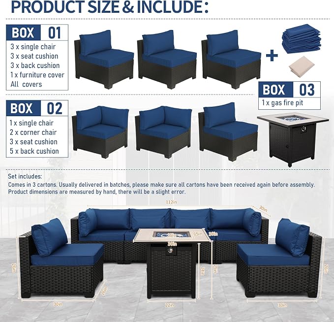 Valita Patio Furniture Set 30 Inches Fire Pit 7-Piece Outdoor Sectional Patio Couch 50000 BTU Steel Propane Fire Pit Table with No-Slip Cushions and Waterproof Cover, Navy Blue