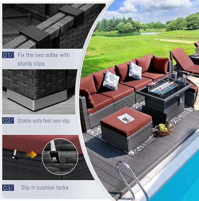 BULEXYARD 9 Pcs Highback Patio Furniture Set with Firepit, High-End Outdoor Sectional Couch with Ottoman 8-Seats, Cozy Comfy Wide Deep Deck Seating Group Conversation, Grey Rattan & Red Cushion