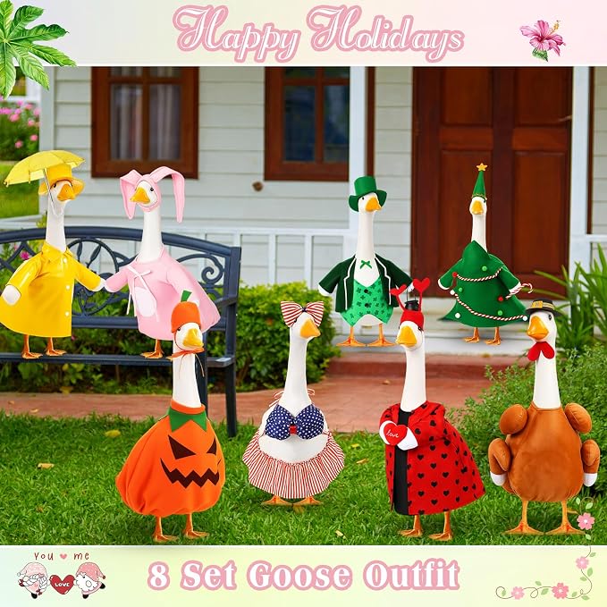FuWeave 8 Set Holiday Porch Goose Outfits 23'' Goose Clothes Summer Fall Halloween Christmas Winter Thanksgiving Valentine St. Patrick Easter 4th of July Lawn Porch Geese Costume for Patio Yard Decor
