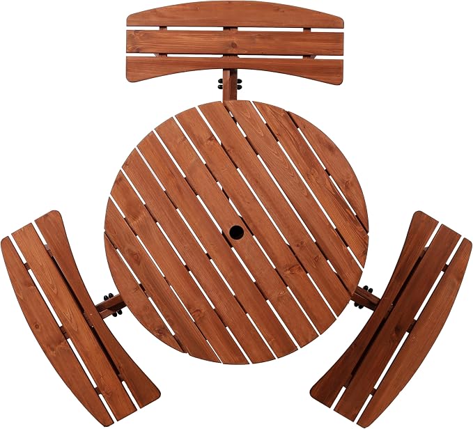 JOYBASE 6-Person Wooden Picnic Table, Outdoor Round Table with Built-in Benches and Umbrella Hole, Picnic Table Bench Set for Patio, Backyard, Garden (Brown)