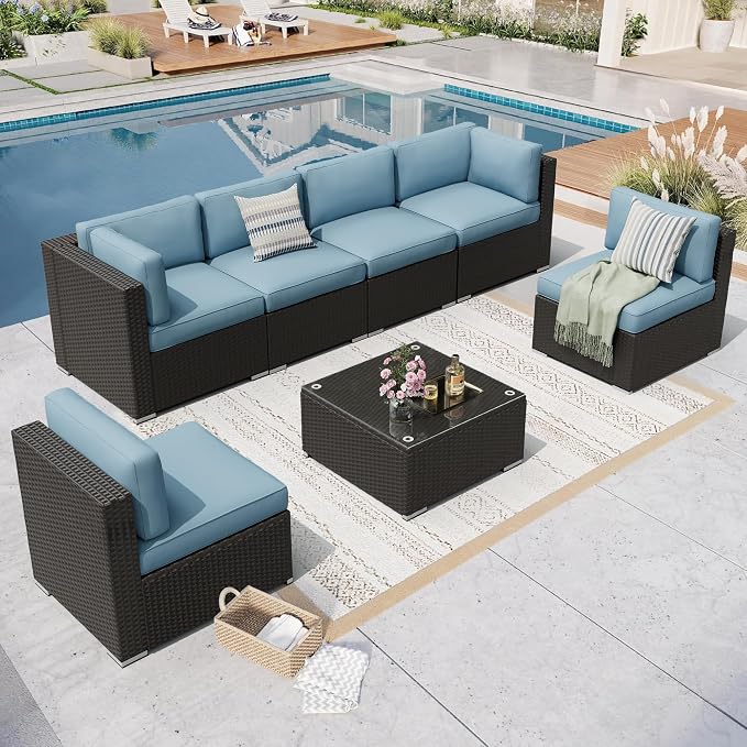 7 Pieces Outdoor Patio Furniture Set, Black Brown Wicker Patio Sectional Sofa Set, Outdoor Couch with Cushion and Tempered Glass Table, Sky Blue