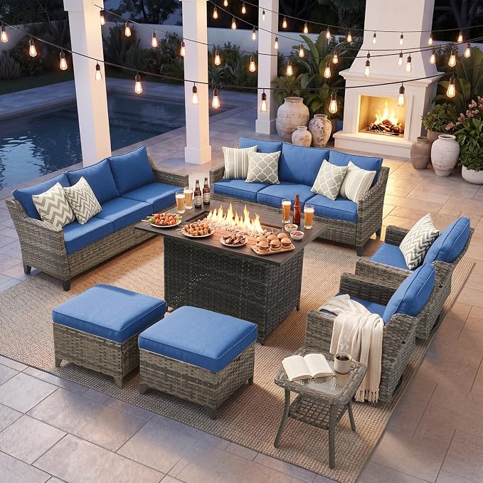 Belord Patio Wicker Swivel Rocker Patio Chairs with 3-Seater Sofa and 42.5" Fire Pit Table, Outdoor Furniture Set for Deck Porch Poolside, 8 Piece Patio Conversation Furniture Set,Blue