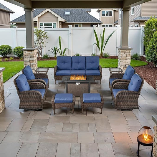Belord Expansive 10 Pieces Outdoor Patio Furniture Set with 43” Propane Fire Pit Table, Patio Conversation Set with Swivel Rocker Outdoor Chairs Set of 4 and Sofa, Ottoman and Wicker Side Table Brown