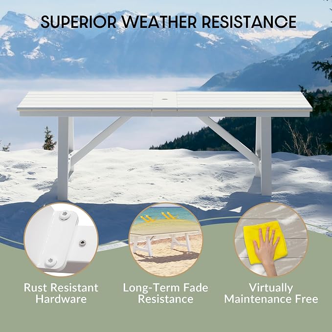 WestinTrends Cape May 90" HDPE Rectangle Outdoor Patio Dining Table with Umbrella Hole and Metal Frame, Sand