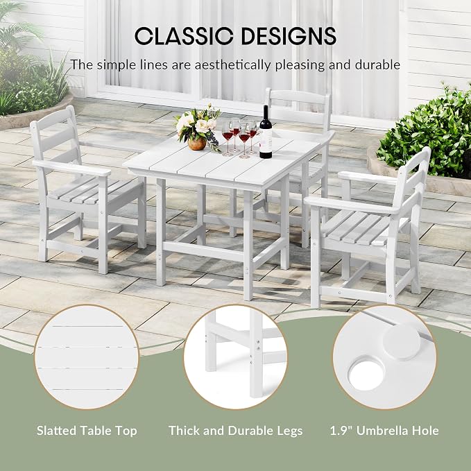 WestinTrends Ashore 5-Piece HDPE Outdoor Square Patio Dining Table Set with Armchairs, White