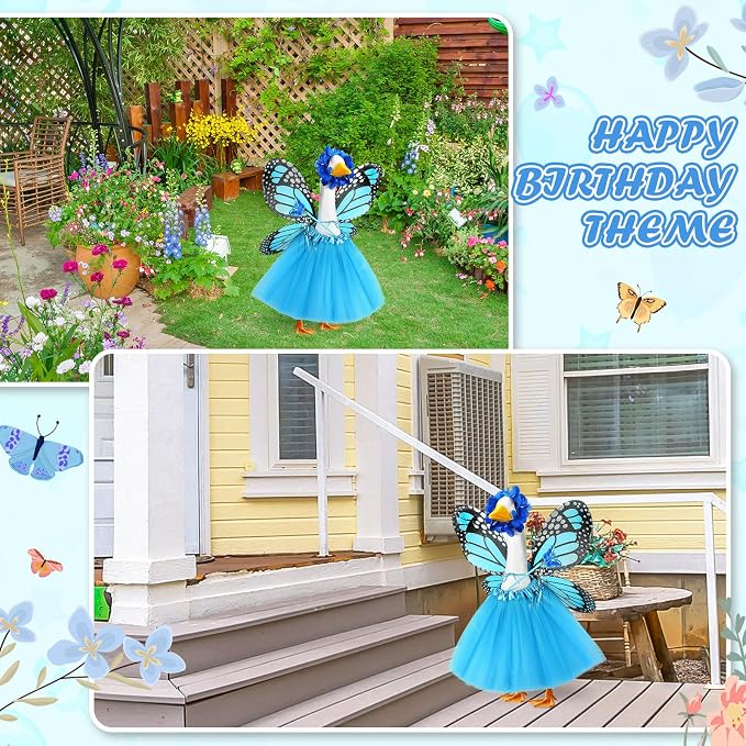 5pcs Butterfly Porch Goose Outfit Costume Tutu Skirt Butterfly Wing Wand Flower Crown for 17‘' 23‘' Cement Goose