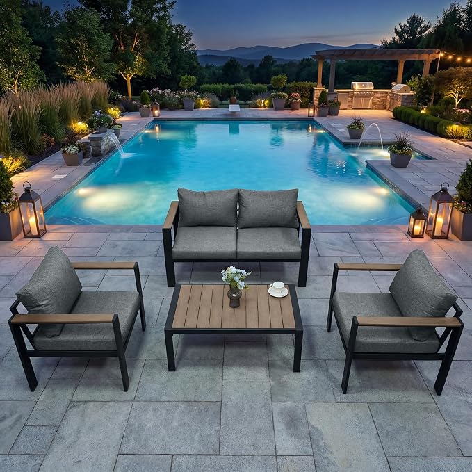 Patio Furniture Set 4 Seats and Coffee Table, Patio Conversation Set with Washable Thick Cushions, Deluxe Aluminum Modern Outside Sectional for Porch, Balcony, Deck, Yard, Light Gray
