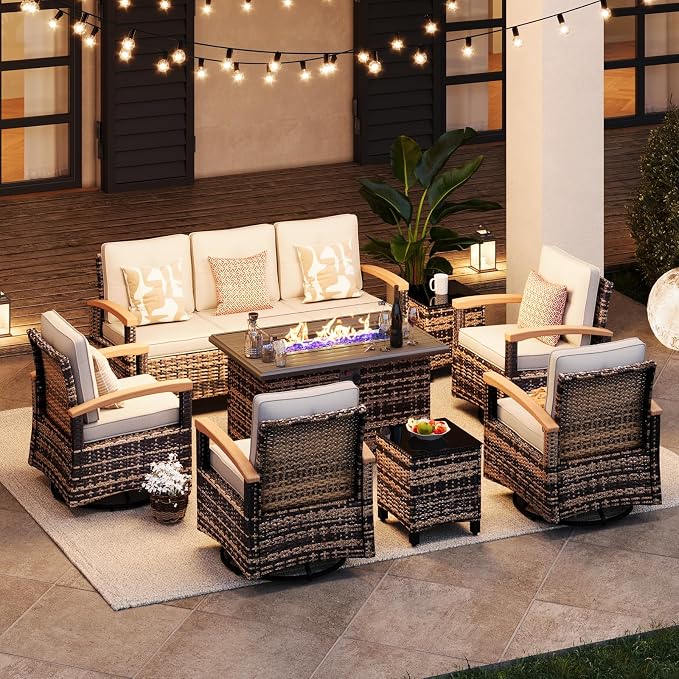 MEISSALIVVE 8 Pieces Patio Furniture Sets with Fire Pit Table, Wicker Outdoor Conversation Sets with 2 Swivel Rocker Chairs, 3-seat Sofa and Side Table(Beige)