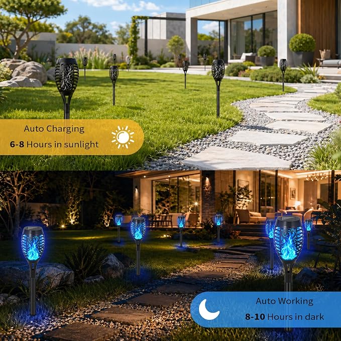 8 Pack Solar Lights Outdoor, Blue Flickering Flame Torches | Blue Flickering Flame, Long Nighttime Glow, Auto-On at Dusk, IP65 Weather-Resistant, Tool-Free Ground Setup