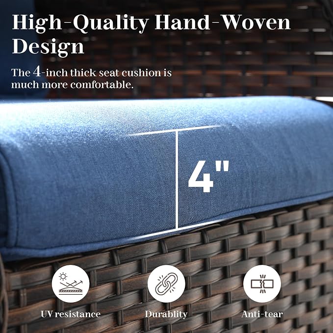 Rilyson Luxury Outdoor Wicker Glider Rocker Chairs for 2 Seats, Patio Wicker Rattan Glider Rocker Chairs with Table, Rocker Chairs Outdoor Furniture Sets for Patio Porch Pool Brown/Blue