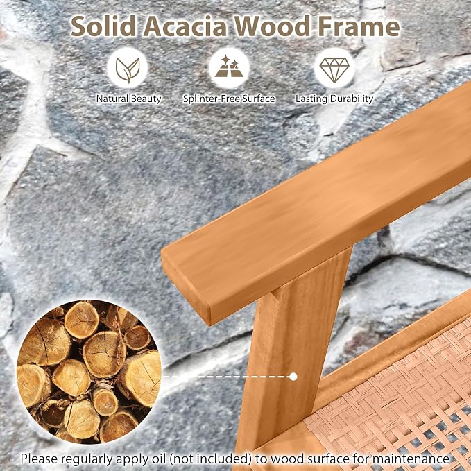 COSTWAY Outdoor Dining Set for 4, 5 Pieces Acacia Wood Table and Armchairs Set with Rattan Backrest and Seat, Adjustable Foot Pads for Patio, Backyard, Deck, Poolside