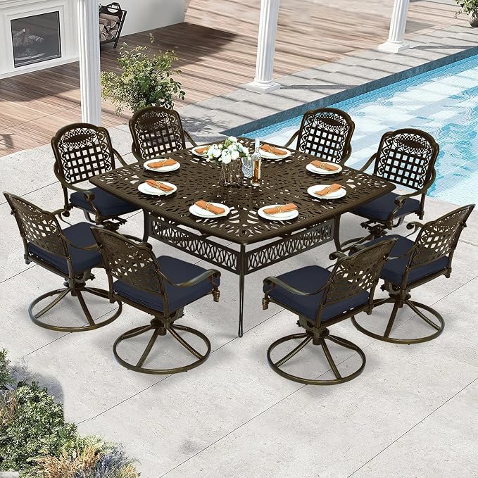 9 Piece Outdoor Patio Dining Set for 8, Cast Aluminium Large Square Dining Table & 8 Swivel Rocker Chairs with Removable Cushions, Umbrella Hole, Patio Furniture Set for Garden, Navy Blue