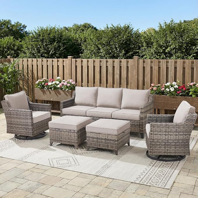 Belord Patio Wicker Swivel Rocker Patio Chairs with 3-Seater Sofa, Outdoor Rattan Chairs for Deck Porch Garden, 5 Piece Patio Conversation Furniture Set,Beige