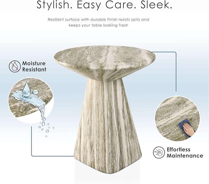 24/7 Shop at Home Ranera Modern 18-inch Natural Stone Side Table with Angular Pedestal Base, Marble Nightstand, Geometric Patio End Table, for Living Room, Covered Outdoor Spaces, Gray Travertine