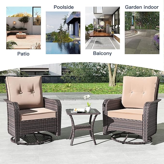Kullavik Outdoor Swivel Chairs Set of 2,Patio Wicker Rocker Chairs with 4" Thick Cushions and Side Table,Patio Conversation Furniture Set for Patio Porch Deck Backyard,Sand