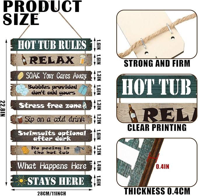 Tatuo Hot Tub Pool Patio Rules Signs Gifts Wood Funny Rules Signs Decorative Outdoor Regulations Plaque Wall Bath for Bathroom Pool Backyard Outdoor Wall Art Accessories(Modern)
