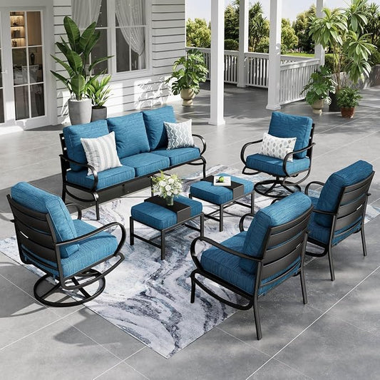 Sophia & William Patio Furniture Sets for 7 Outdoor Conversation Set 7 Pcs with 2 x Swivel Sofa Chairs, 2 x Armrest Chairs, 1 x 3-Seat Sofa, 2 x Ottomans Garden Backyard Poolside Peacock Blue