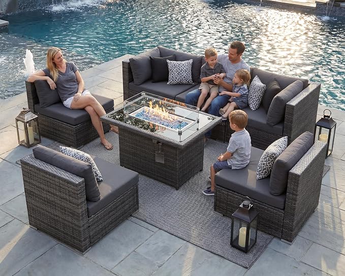 BULEXYARD 7 Piece High Back Outdoor Furniture Set with Fire Pit, Contemporary All Weather Wicker Patio Couch Sofa Set, Extra Large Modular 6-Seater Sectional Backyard Seating Wide Deep for Lawn, Grey