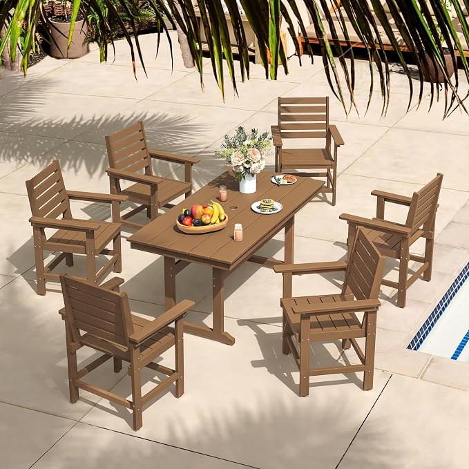 Rectangle Outdoor Dining Tables for 6, HDPS Weather Resistant Patio Dining Table, 66" Outdoor Tables with 1.96" Umbrella Hole for Porch, Balcony, Backyard, Light Brown