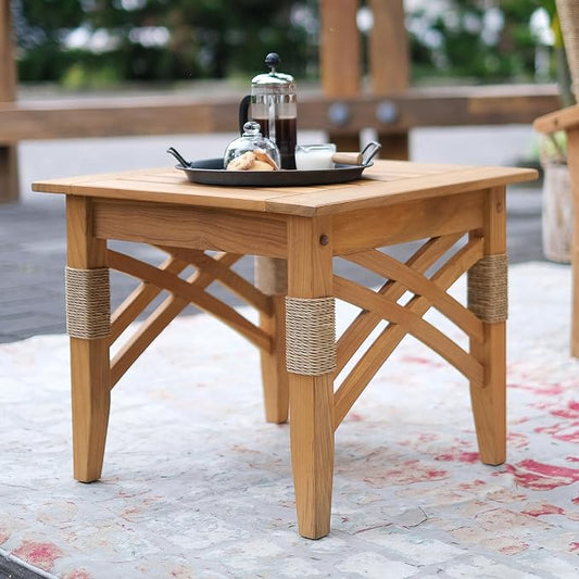 Cambridge Casual Solid Teak Wood Sierra Square Side Table with Shelf, Side Table with X Detail and Honey Twist Wicket, Perfect Pairing with Outdoor Chat Set, Conversation Set, or Patio Lounge Chair