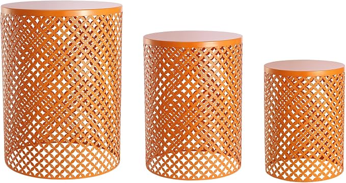 Outdoor Side Table, 3PCS Round Metal Frame Coffee End Tables, Modern Decorative Garden Stool, Multifunctional Nesting Side Table for Garden, Balcony, Cafe, Park, Pool Side (Orange)