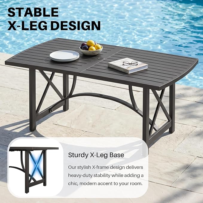 Never-Rust 72" x 36" Outdoor Table, Rectangular Aluminum Patio Table for 6 Person with Umbrella Hole, Heavy-Duty Indoor/Outdoor Table for Garden, Poolside, Backyard, Black