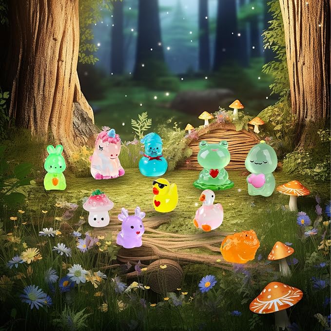 50 Pcs Glow in Dark Mini Resin Animals, Non-Repeating Assorted Styles | Waterproof, Fade-resistant, Features Rare Frog & Unicorn Styles for Mini Garden, Terrarium & Home Decor