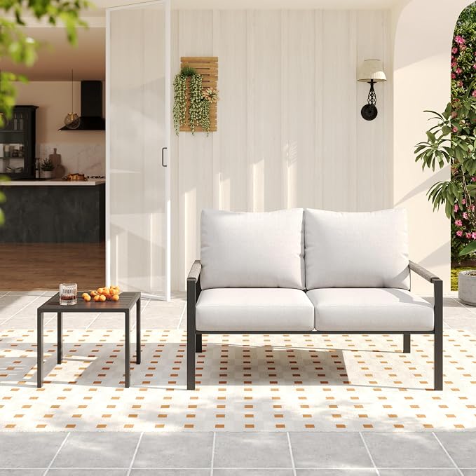 2-Piece Wicker Patio Conversation Set, Outdoor Loveseat with Side Table and Soft Cushions, Patio Furniture for Backyard, Balcony and Deck, Warm Grey