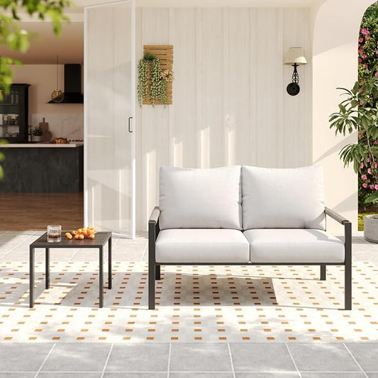 2-Piece Wicker Patio Conversation Set, Outdoor Loveseat with Side Table and Soft Cushions, Patio Furniture for Backyard, Balcony and Deck, Warm Grey